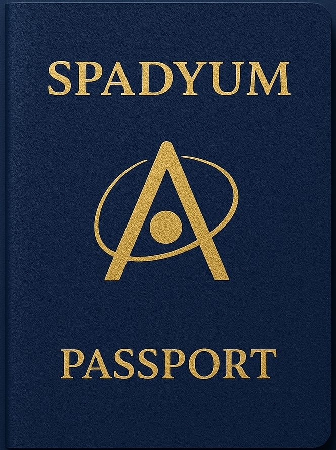 A navy blue Passport with the name Spadyum on top, Spadyum's Logo on the middle and the writing passport on the bottom, writings are in gold color.
